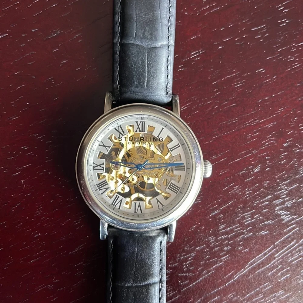 Stuhrling Original Skeleton Watch on Black Leather Band - Picture 2 of 6